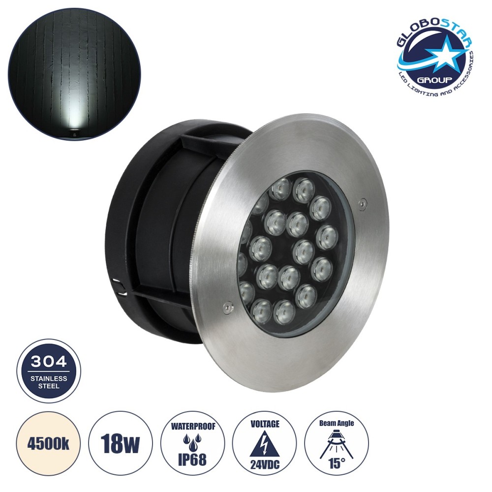 GloboStar® UNDERGROUND-SINA 90572 Χωνευτό Φωτιστικό Σποτ Δαπέδου LED 18W 1710lm 15° DC 24V Αδιάβροχο IP68 Φ20 x Υ11cm Φυσικό Λευκό 4500K - Ανοξείδωτο Ατσάλι - 3 Χρόνια Εγγύηση